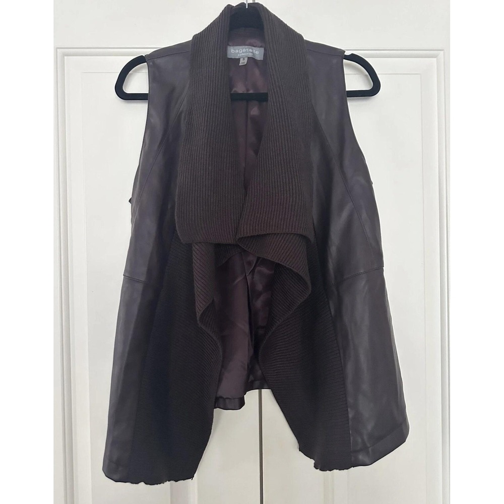 Bagatelle‎ Vest Womens Small Brown Faux Leather Knit Waterfall Drape Open Front